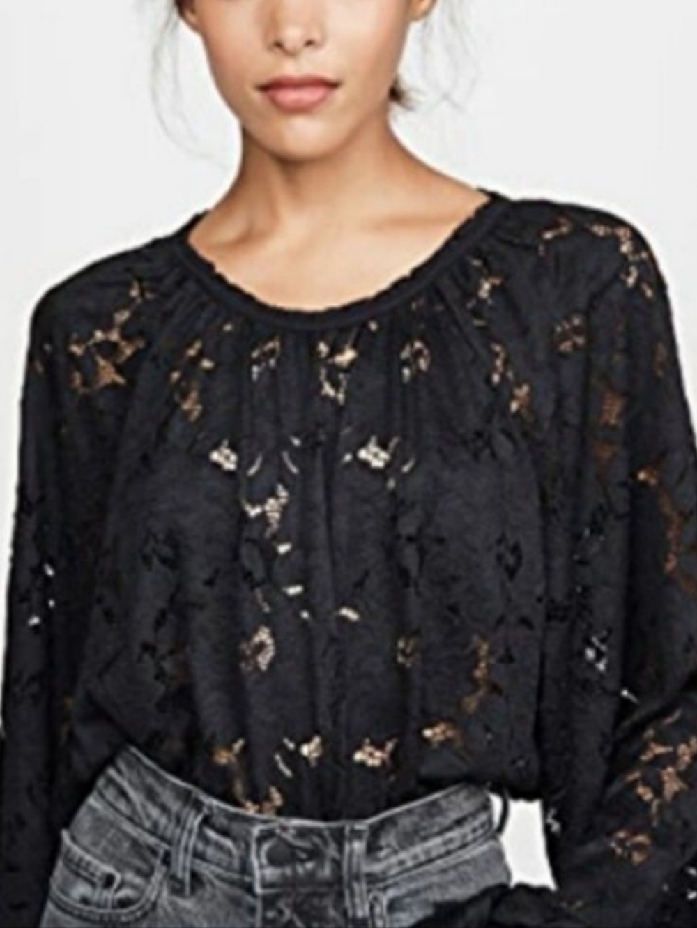 Free People Olivia Black Lace Balloon Sleeve Top Boho Witchy Whimsigoth S
